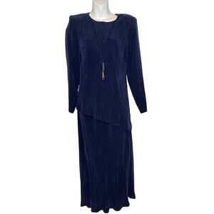 Vintage K Petite Blue Asymmetrical Long Sleeve Top Midi Skirt Set Womens Size 6P